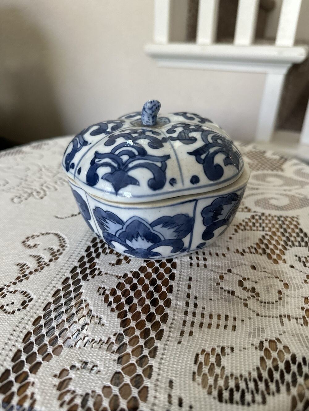 Vintage Chinese Lotus Blue and White Trinket Dish Bowl With Lid Hand Painted